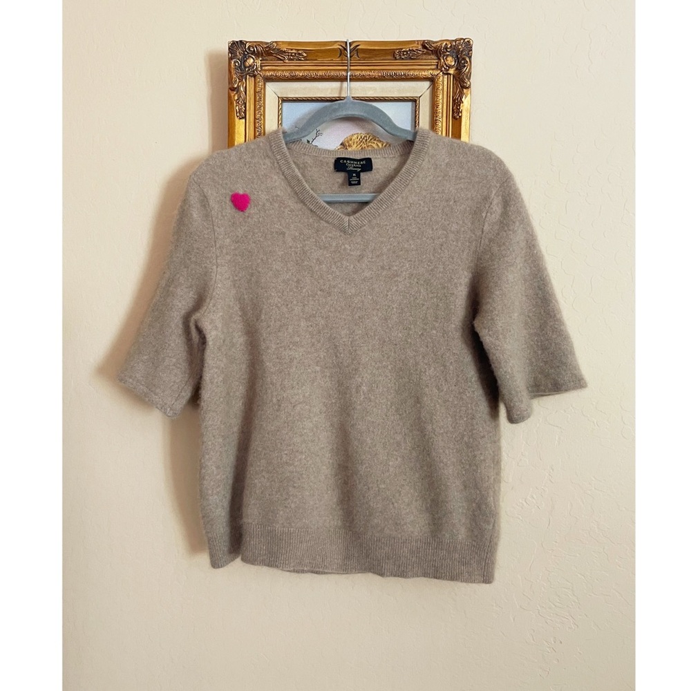 CASHMERE CLUB ROOM Luxury Camel Beige Short Sleeve V Neck Sweater Heart Patch XL